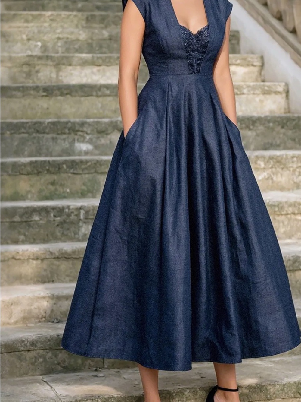 Cap-Sleeve Navy Lace-Trim Midi Dress